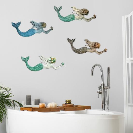 4 Pcs Wooden Mermaid Beach Wall Decor Rustic Nautical Swimming Mermaid