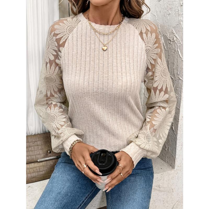 Long Sleeve Round Neck Hollow Out Lace Spliced Solid Color Pullover Top