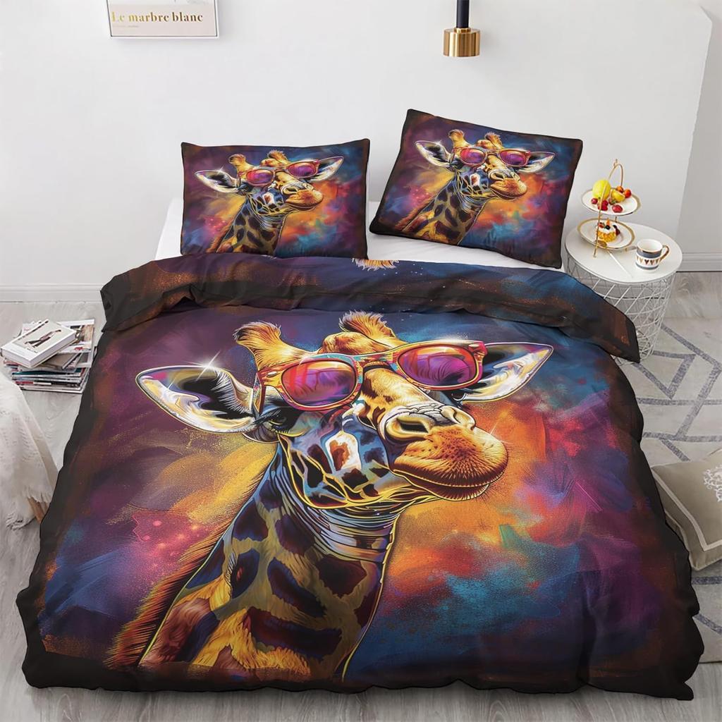 Funny Giraffe Duvet Cover King 3 Piece Colorful Animals Bedding Set, Soft Microfiber Graffiti Quilt Cover Set with Pillowcases