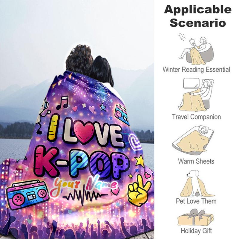 1PC Custom Name Love K-Pop Festival Outdooor Flannel Blankets Throw Blanket All-Season Throw Gift Bedspread for Couch, Bed, Camping Holiday Birthday G
