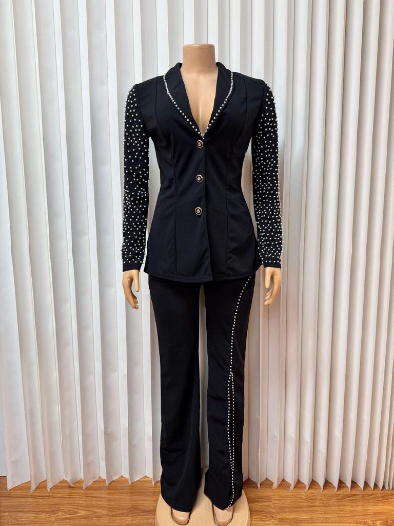 Elegant Rhinestone Long Sleeve Low-Neck Slim Fit Two-Piece Pant Suit