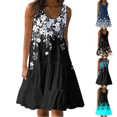 Fashion Sleeveless O Neck Flower Print Women Summer Casual One Piece Dress