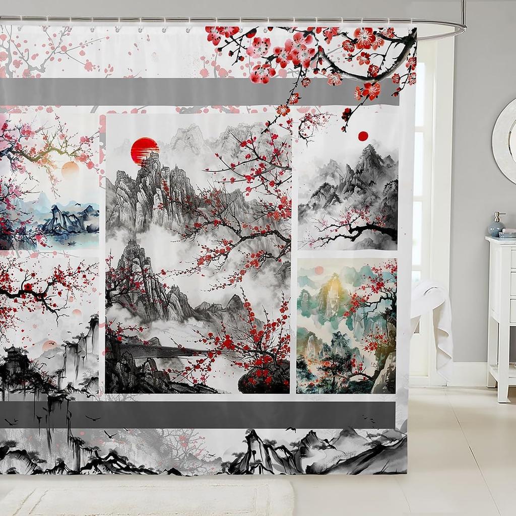 Kids Japanese Geisha Shower Curtain Boys Girls Cherry Blossoms Bathroom Shower Curtain Set Japanese Style Bath Curtain