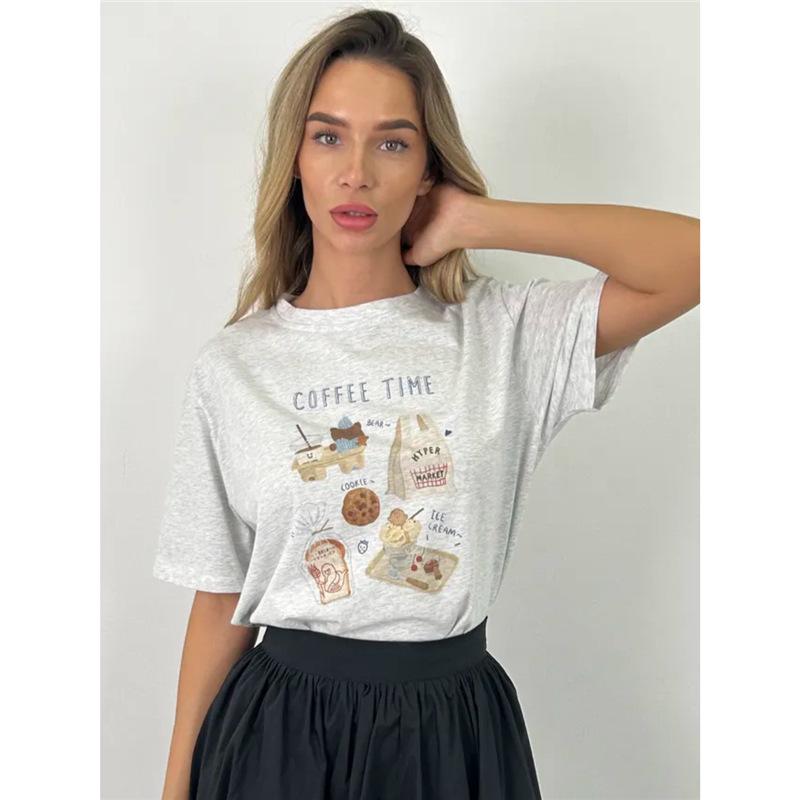 

2025 Большая милая мультяшная футболка - Короткий рукав, Молодящая, Шикарный летний топ S серый/белый