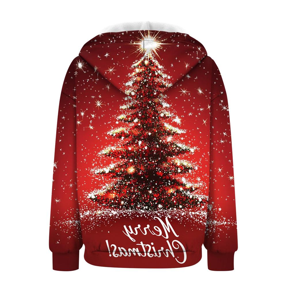 Women's Christmas Printed Sweatshirt Autumn Winter Long Sleeve Cardigan Jacket With Pockets Zipper Hoodie Outerwear