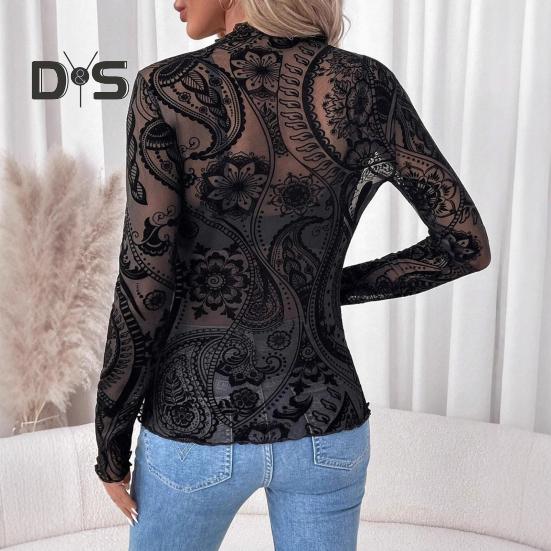 Damen Tops Rundhals Langarm Slim Fit Frühling Herbst Pullover Tops Durchsichtiges geometrisches Spitzenblumennetz T-Shirt