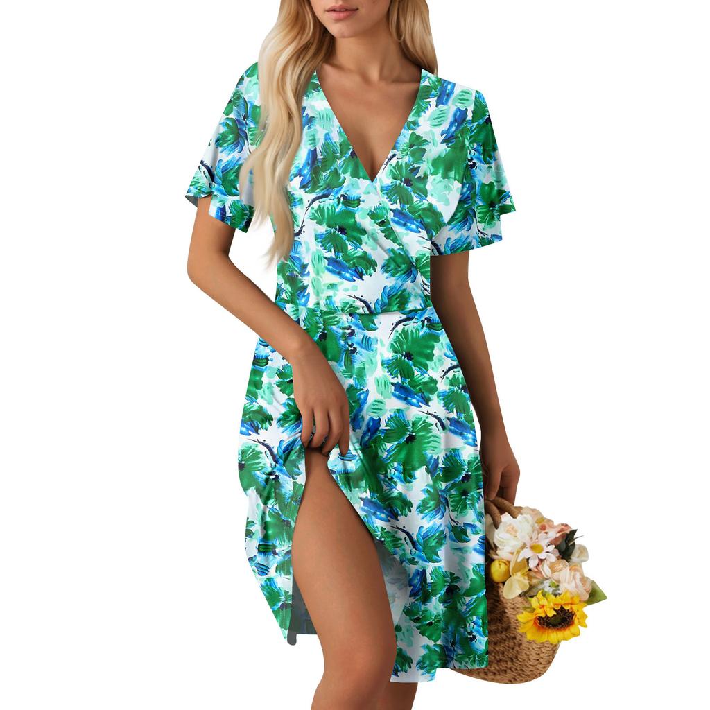Women's Summer Dress Loose Beach Vacation Casual Deep V Neck Short Sleeve Dress Elegant Dress