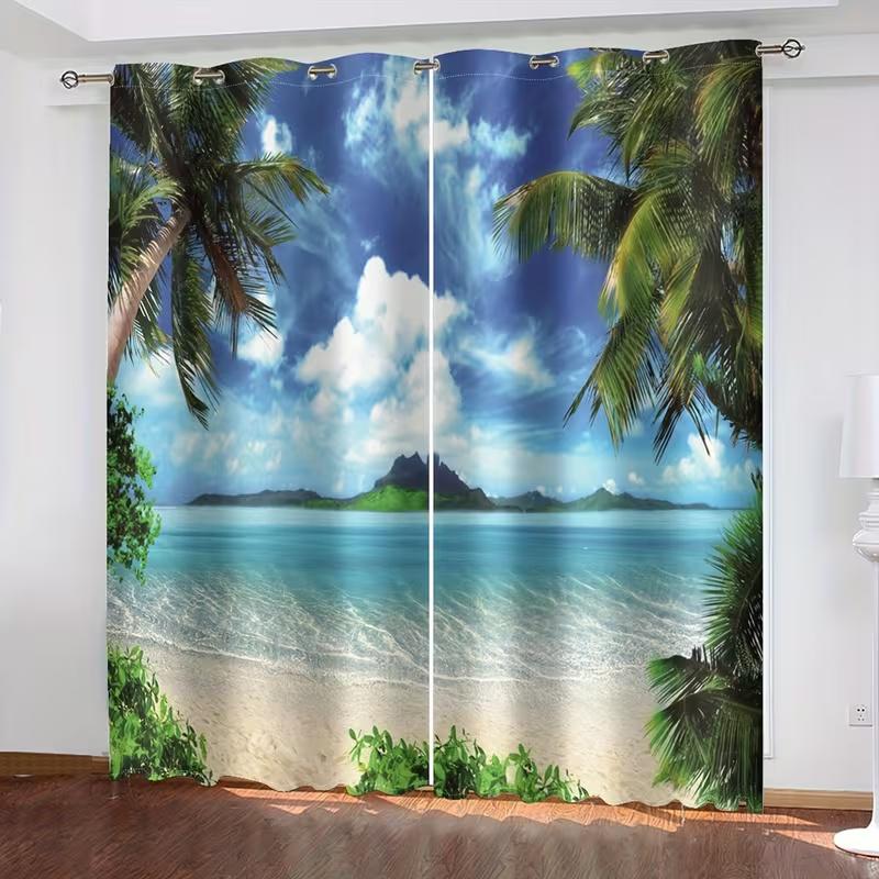 2 Pcs By the Seaside Print Curtains,suitable for Bedroom,living Room Kitchen Decoration,home Decoration,window Decoration