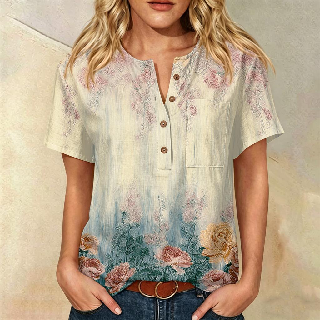 Women’s Printed Short Sleeve Henley Neck Shirt with Front Pocket Cotton Linen Material Relaxed Fit Casual Top