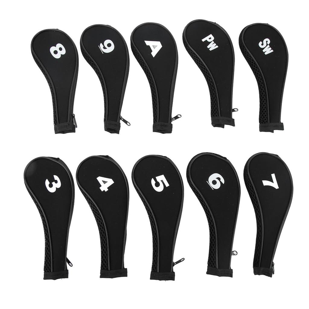 10 PCS Golf Club Head Covers Golf Iron Pole Zipper Hat Cover Club Protective Covers Black