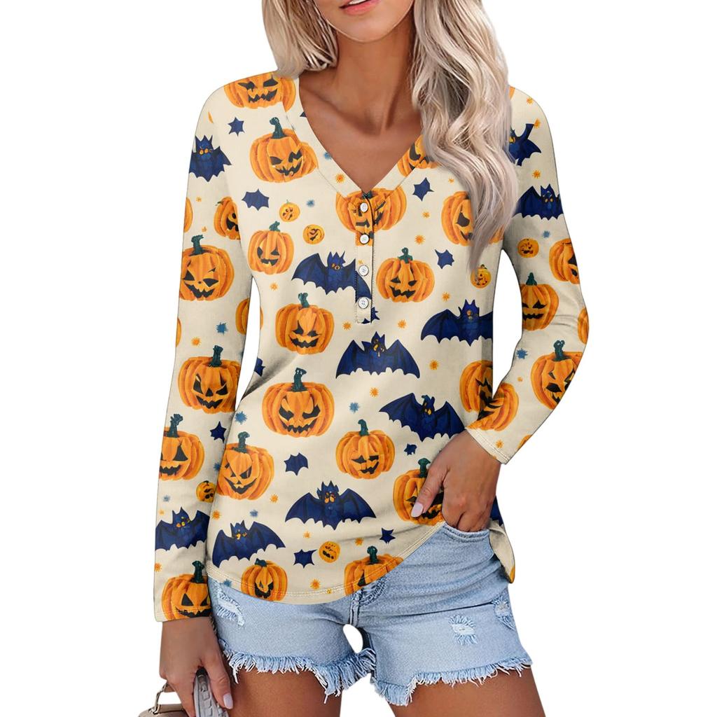 Women's Casual Fashion Sexy Comfort Halloween Printed V-Neck Button Long Sleeve