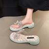 Summer Block Heel Flip Flops Summer New Round Head Sequin Flower Open Toe Soft Bottom Non-Slip Cool Mopping