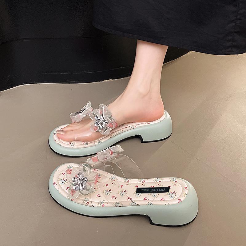 Summer Block Heel Flip Flops Summer New Round Head Sequin Flower Open Toe Soft Bottom Non-Slip Cool Mopping