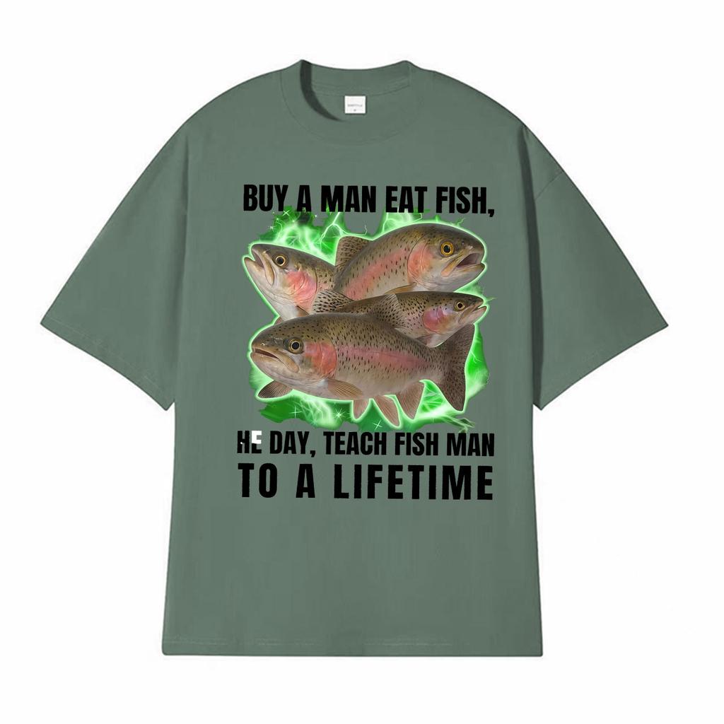 Buy A Unisex Eat Fish He Day Teach Fish Unisex Funny Meme Tshirt Unisex Women Oversized Trend T Shirts Summer Tops Cotton Casual T Shirt
