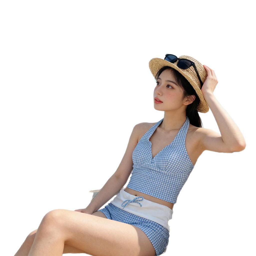 Women's High-End Retro Plaid V-Neck Halter Bikini, Sexy Slim Fit Flattering Swimwear