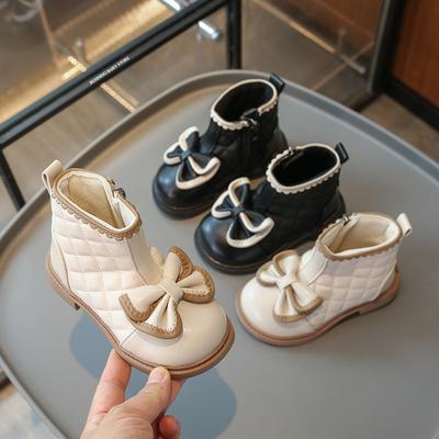Plaid Children Outdoor Ankle Shoes Windproof Fall Winter Baby Girl Boots Soft Sole Non-slip Butterfly-knot Princess Shoes I01202
