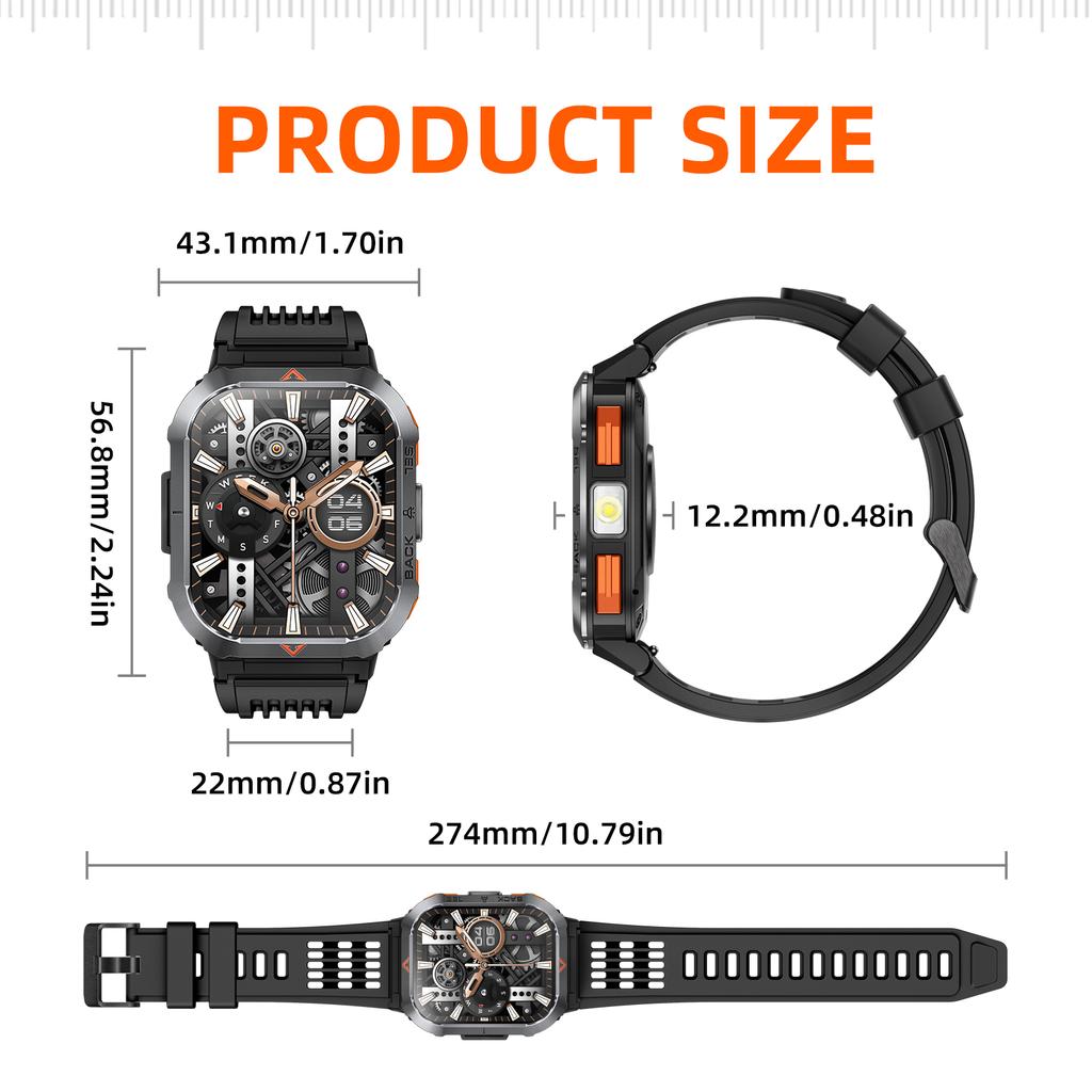 SACOSDING Smart Watch Waterproof 2.02" TFT Men Sport With Compass And LED Flashlight Health Monitoring Fitness Tracking Bluetooth Call Smartwatch