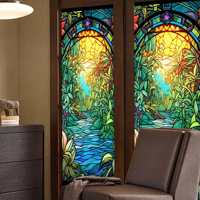 45x100cm Vitraliu Colorat Plantă Tropicală Floare Film pentru Ușă Fereastră PVC Adsorbție Statică Autocolant Sticlă Decor Acasă Decal Detașabil