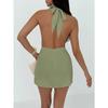 Women's Satin Halter Neck Mini Dress Backless Draped Waist Sleeveless Elegant Cocktail Party Evening Clubwear Short Dress 4 Colors