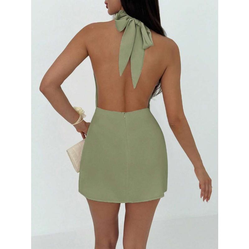 Women's Satin Halter Neck Mini Dress Backless Draped Waist Sleeveless Elegant Cocktail Party Evening Clubwear Short Dress 4 Colors