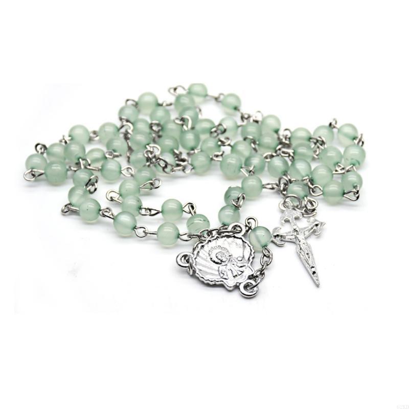 62KD Resin Beads Rosary Necklaces Catholic Crucifix Pendant Church Souvenirs Prayer Long Chain Men Women Christian Gift