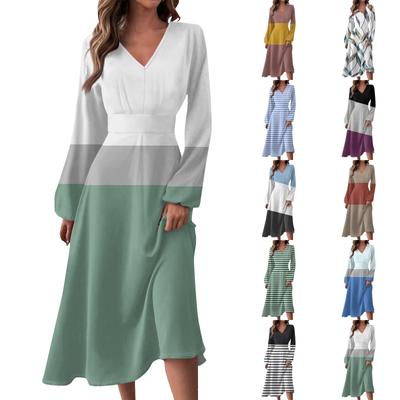 Women's Autumn And Winter Casual Fashion V-neck Long Sleeve  Print Long Dress