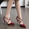 Thin heel pointed burgundy high heels 2025 autumn new popular banquet simple red patent leather women's hollow sandals