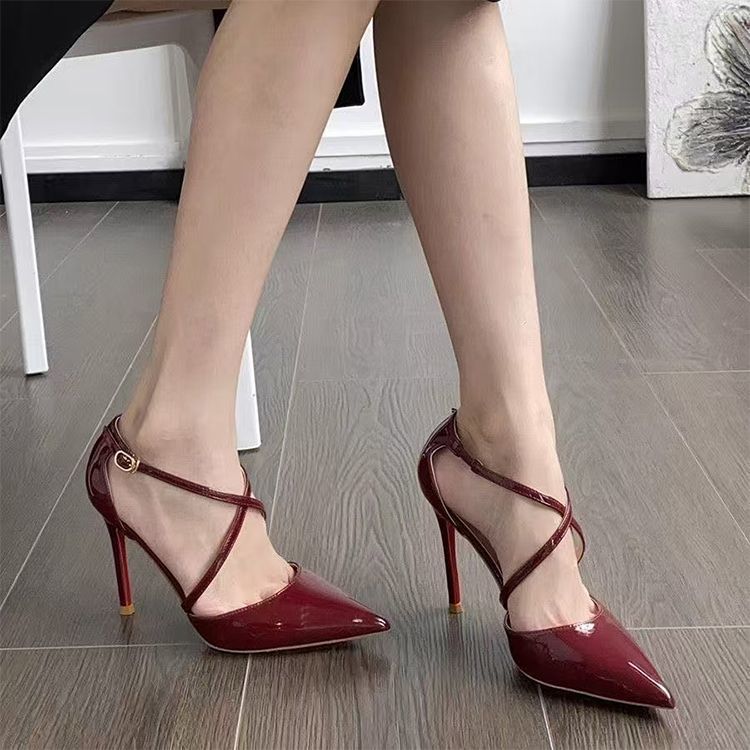 Thin Heel Pointed Burgundy High Heels 2025 Autumn New Popular Banquet Simple Red Patent Leather Women's Hollow Sandals