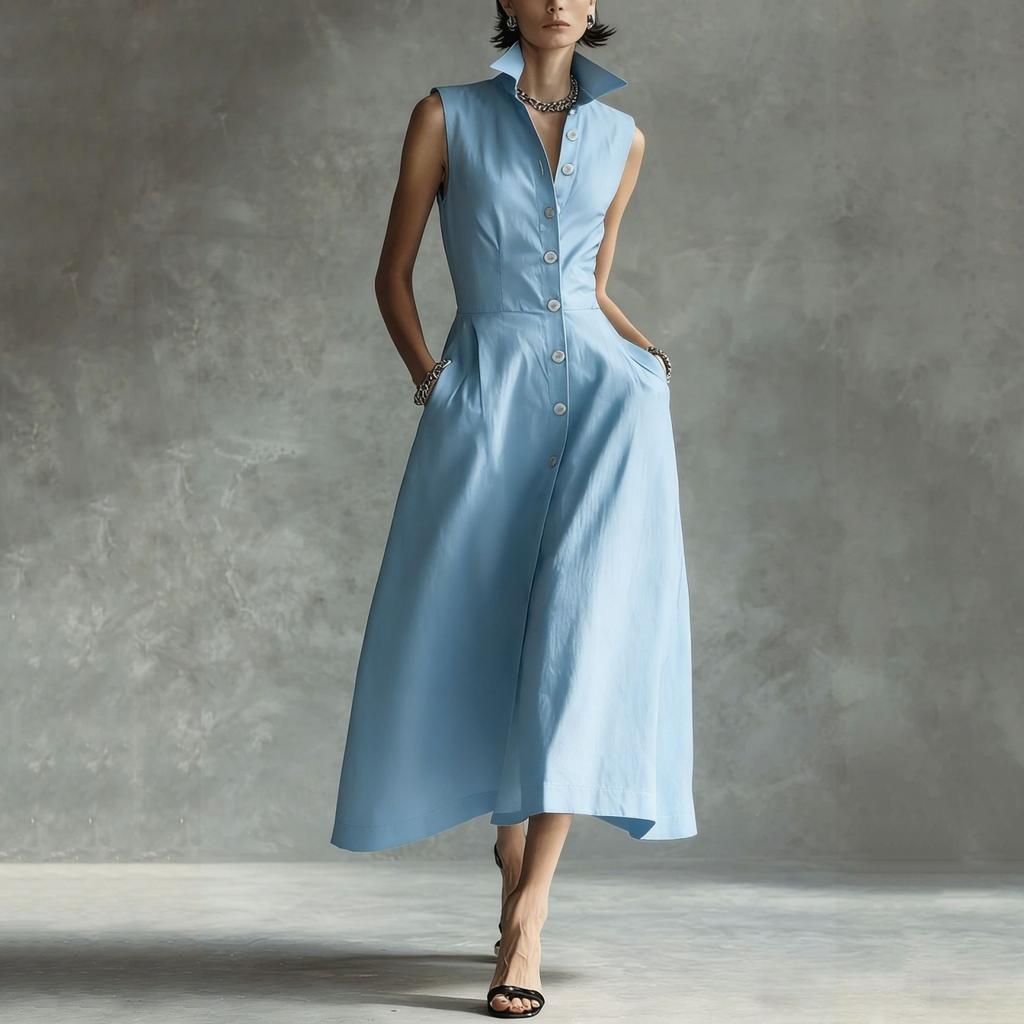Women's Fashionable Sleeveless Linen Casual Button-Down Dress