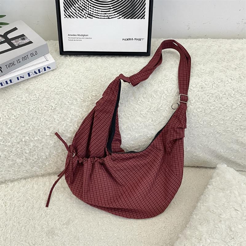 Retro Plaid Hobos Messenger Bags For Women Drawstring Pocket Nylon Dumpling Bag Large Capacity Portable Travel Shoulder Bags