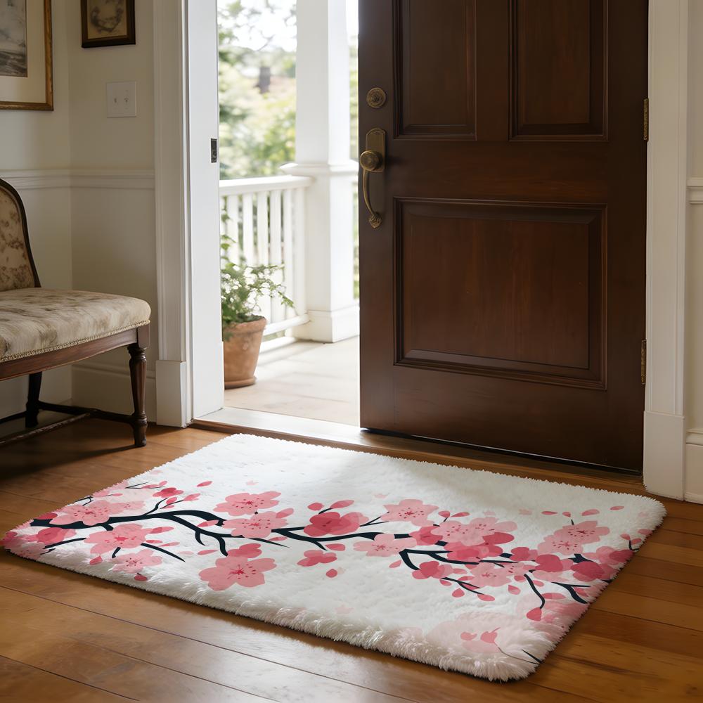 Japanese Cherry Blossom Floor Mat Soft Flannel Absorbent Mat Non-Slip Rug Home Bedroom Bathroom