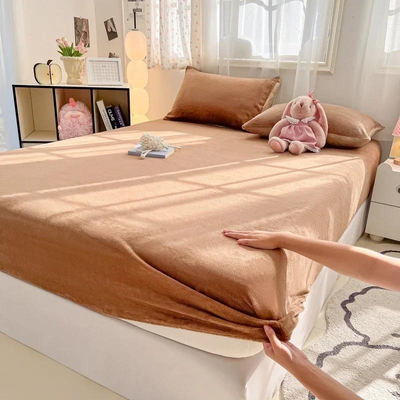 Winter Warm Velvet Fitted Sheet Solid Color Bedsheet Soft Bed Cover Queen Size Bed Linen Home Sheet Couvre Lit