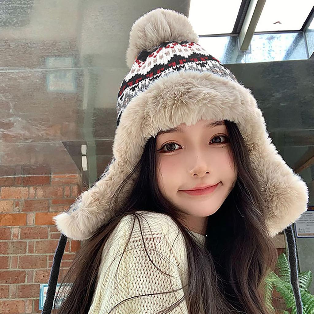 LYING Winter Knit Cap with Stylish Cable Knit Hat with Slimming Thick Fleece Warm and Perfect for and Outdoor Christmas Gift Women's Earflaps, Pom-Pom