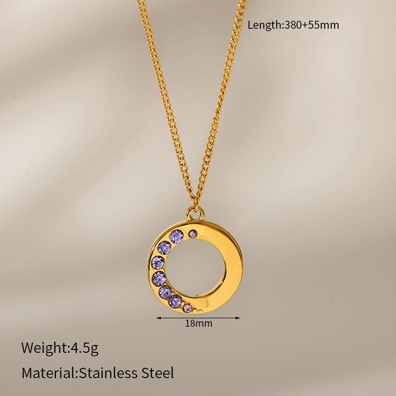 European and American Ins Stainless Steel 18K Gold Necklace Fashion Colored Diamond Round Pendant Light Luxury Four-leaf Clover Collarbone Chain Set