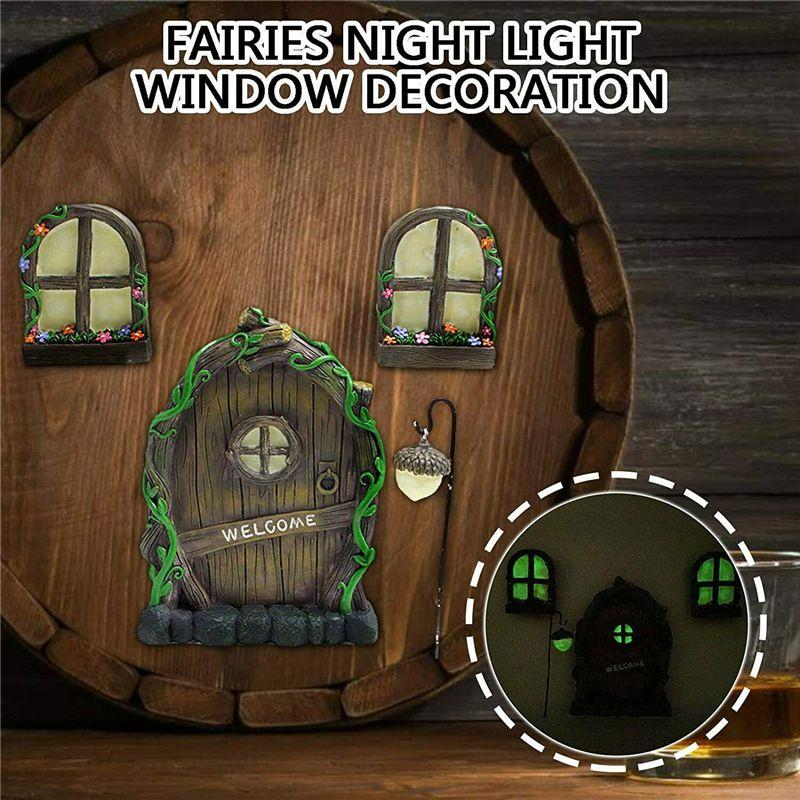 Fairy Miniature 4pcs Tree Door Window Door Glow Gnome Elf Home Sculpture Statues