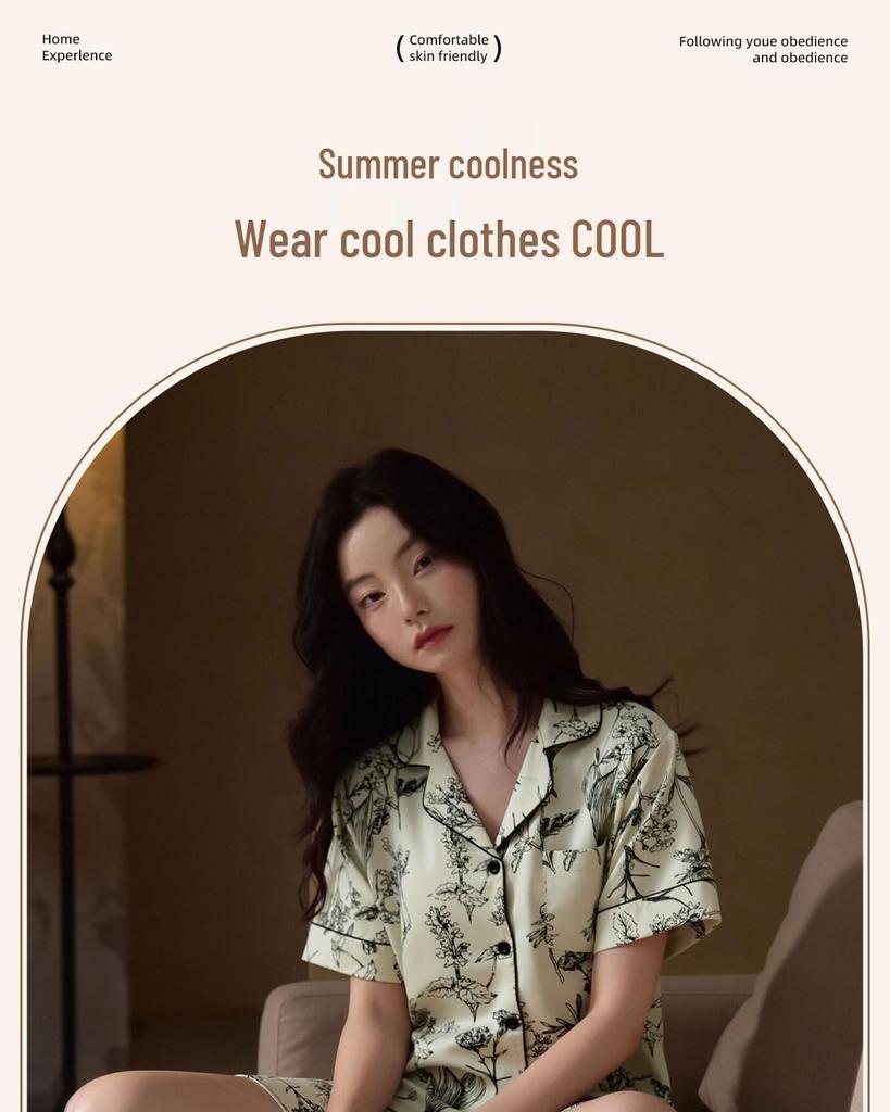 Women's Summer Floral Ice Silk Short Sleeve & Shorts Loungewear Set