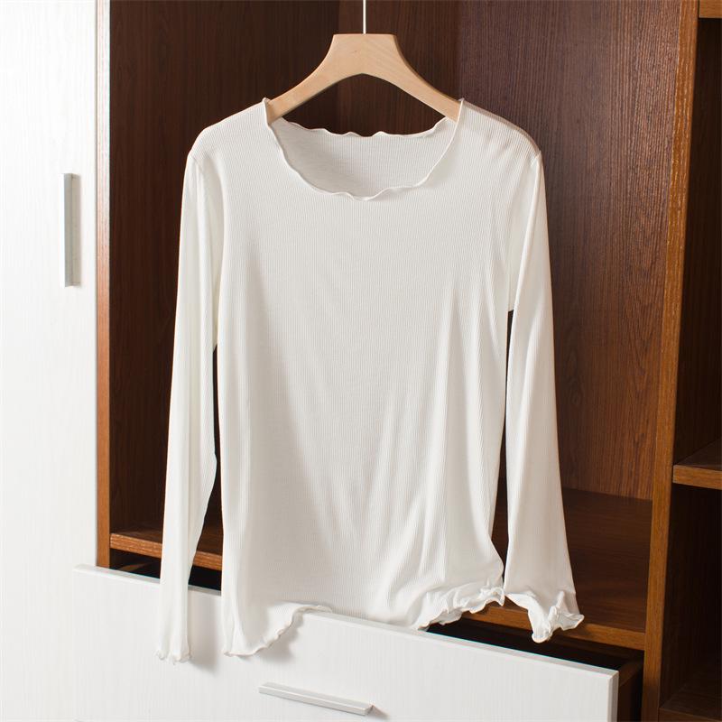 Women's Slim Fit Wood-Ear Trim Modal Long Sleeve T-Shirt, Round Neck, Plus Size, Spring/Autumn Versatile Top