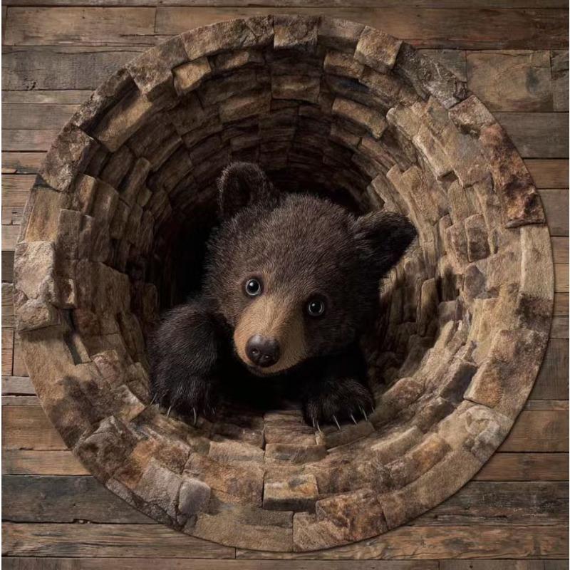 Tappeto Grotta dell'Orso 3D Tappeto Circolare Orso Bruno Realistico con Texture di Pietra Un Pezzo da Pavimento Avventuroso e Artistico per gli Amanti della Natura