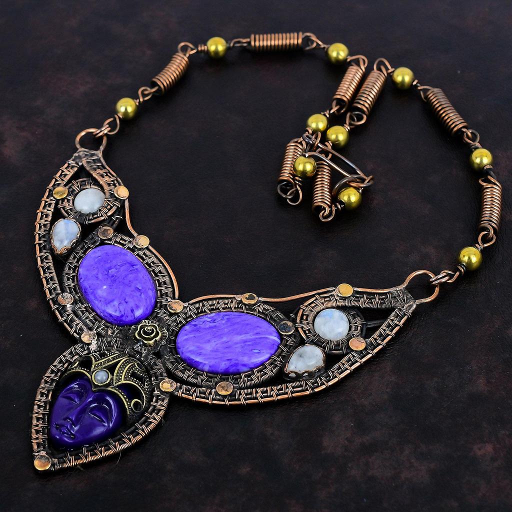 Purple Carved Bone Face Necklace Charoite Necklace Copper Wire Wrapped Necklace Adjustable Chain Necklace Rainbow Moonstone Gemstone Jewelry