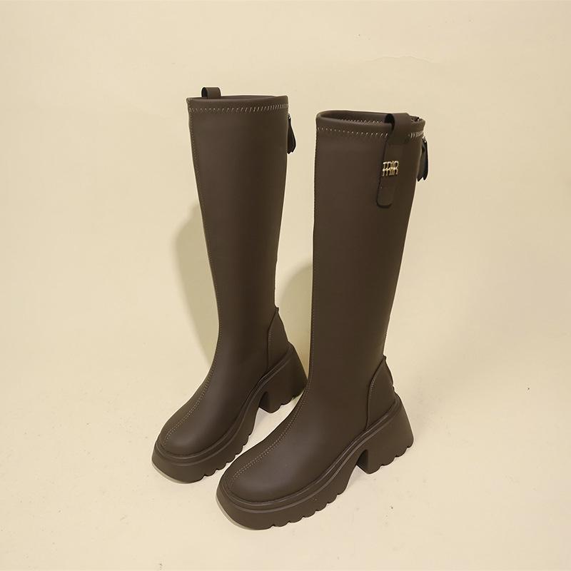 Tall thin boots British style women's boots 2025 new round head rear zipper but knee middle heel boots women