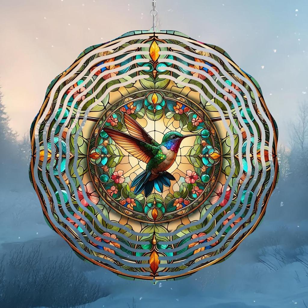 Vibrant 10-Inch Hummingbird Wind Spinner – 3D Kinetic Metal Hanging Ornament with 360° Rotation, Colorful Floral & Butterfly Design for Garden