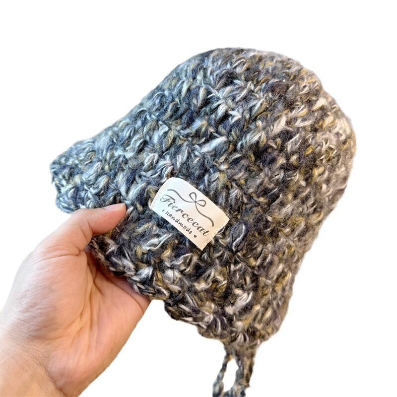 New Mixed Color Tassel Braid Crochet Wool Hat for Women Autumn and Winter Warm and Versatile Ear Protection Knitted Hat