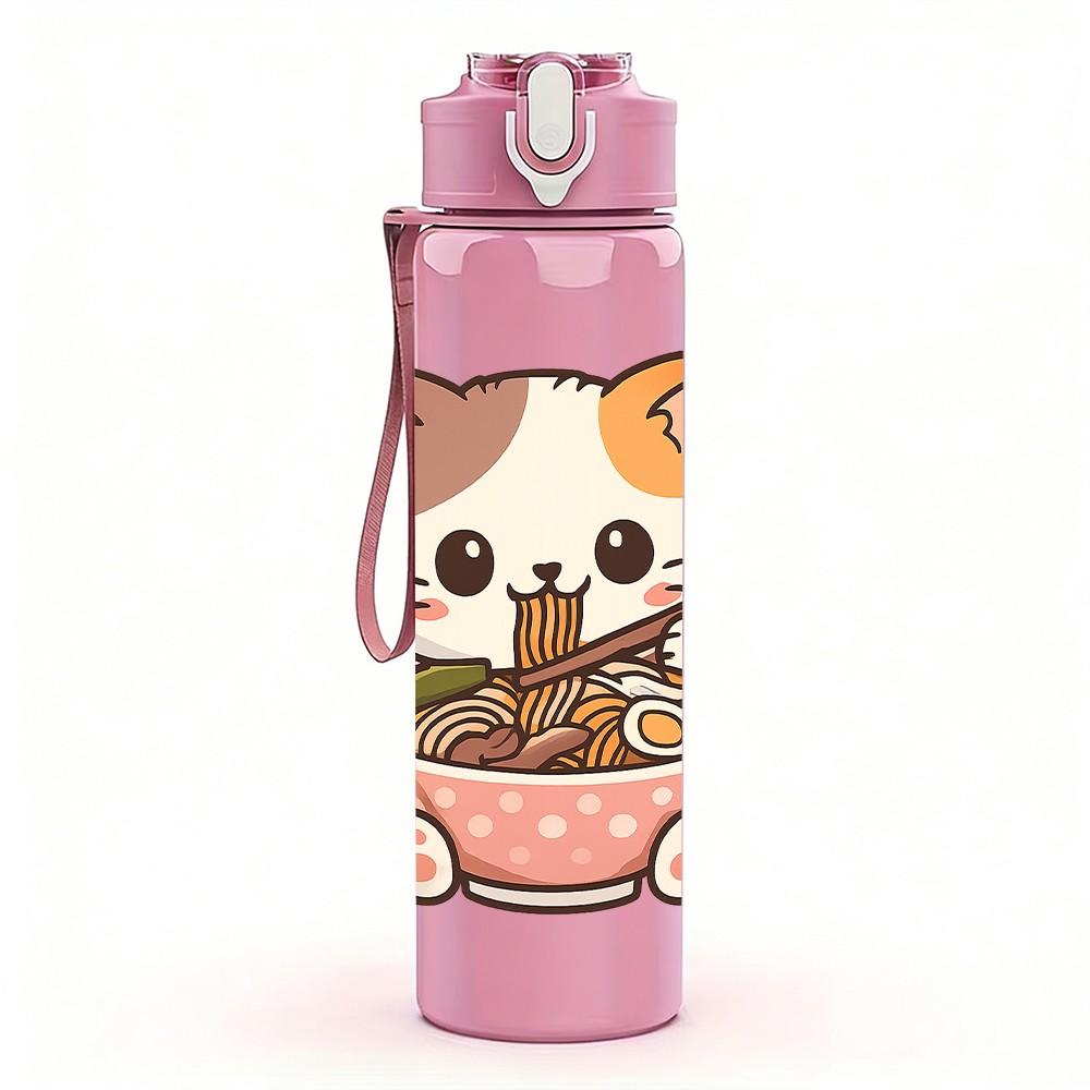 1PC Cat Eat Noodle Cute Cartoon Print 750ml Color Plastic Sports Water Bottle Leakproof Flip Straw Lid Suitable for Sports Office Home Use