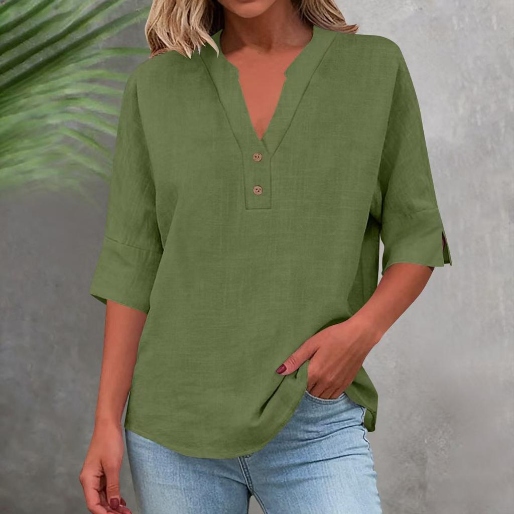 3/4 Sleeve Linen Tops For Women Loose Fit V Neck Button Down Shirts Cute Solid Summer Beach Tee Shirts