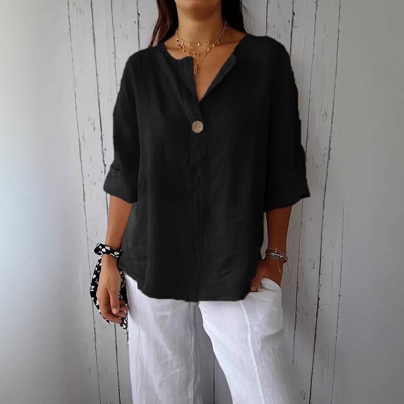 Summer Loose T-shirt for Women V-neck Cotton Linen Button Up Top for Women Shirt
