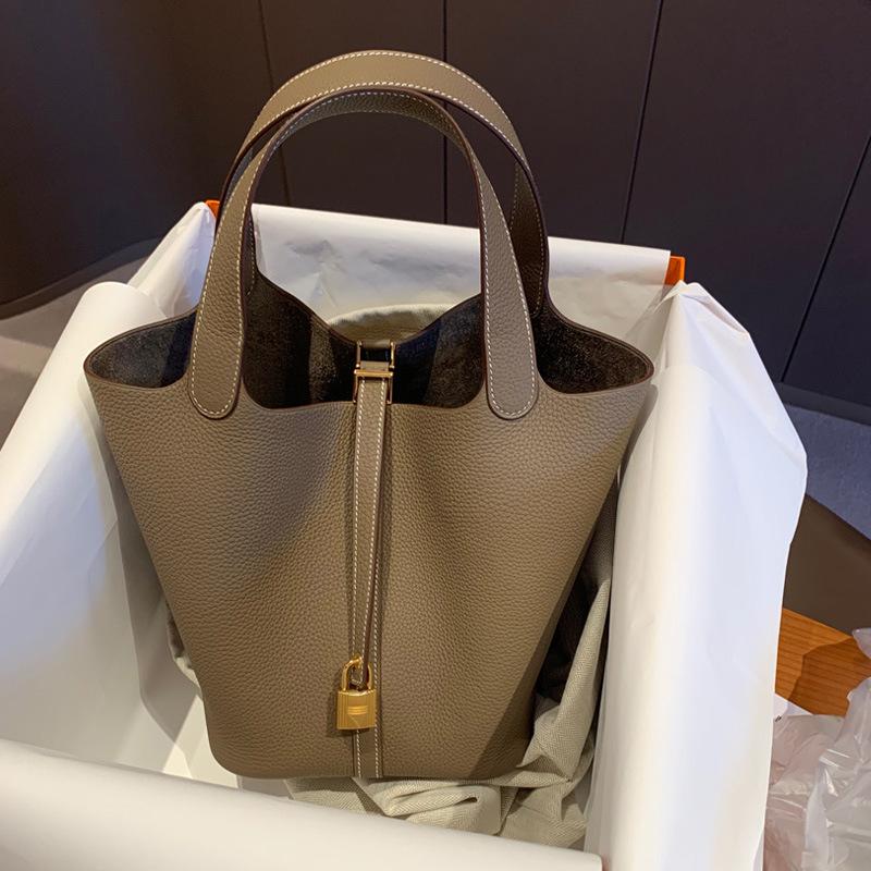 Lychee Pattern Bucket Bag, Vegetable Basket Bag, Women's Fashionable and Trendy Women's Bag, Soft PU Hand-held Mother and Child Bag