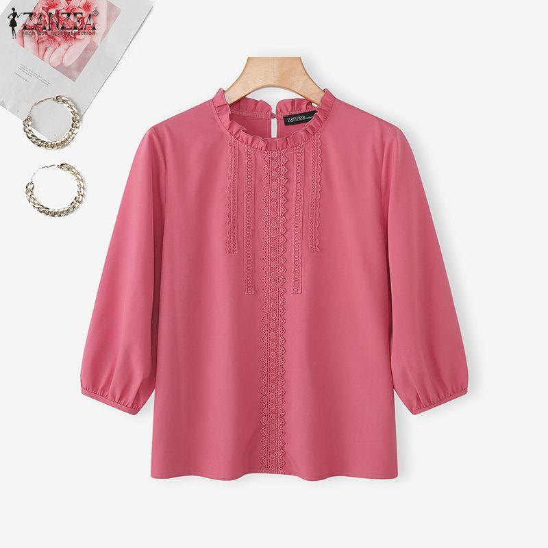ZANZEA Women Casual Round Neck 3/4 Sleeve Loose Splice Lace Blouse