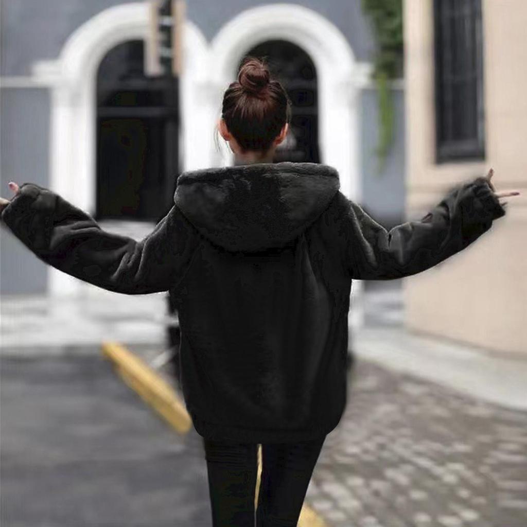 Plüsch-Imitat-Kapuzentaschenjacke für Damen, lockeres, langärmliges Damenoberteil aus Plüsch