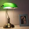 Traditional Banker Lamp Antique Style Emerald Green Glass Desk Light Fixture Satin Brass Finish Metal Beaded Pull Cord Switch Attached ( Green)