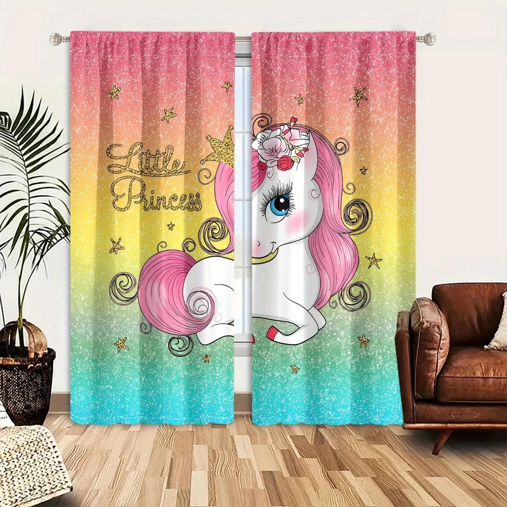 3D Rainbow Horned Horse Sunshade Curtains, 2 Panels, Suitable for Bedroom, Living Room, Kids Room, Office, Home Decoration